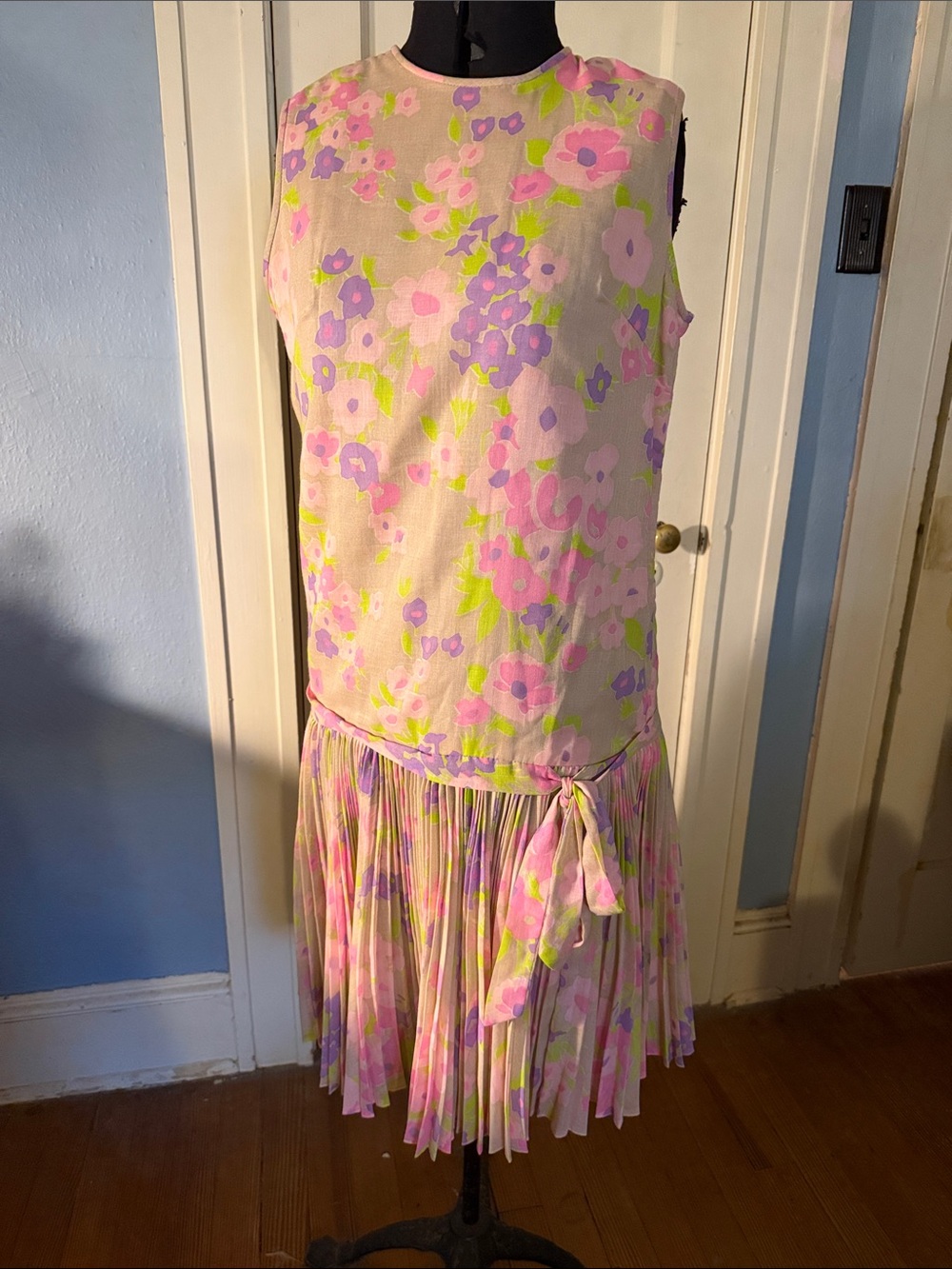 Vintage Floral Drop-Waist Pleated Dress - Pink, Lavender & Lime